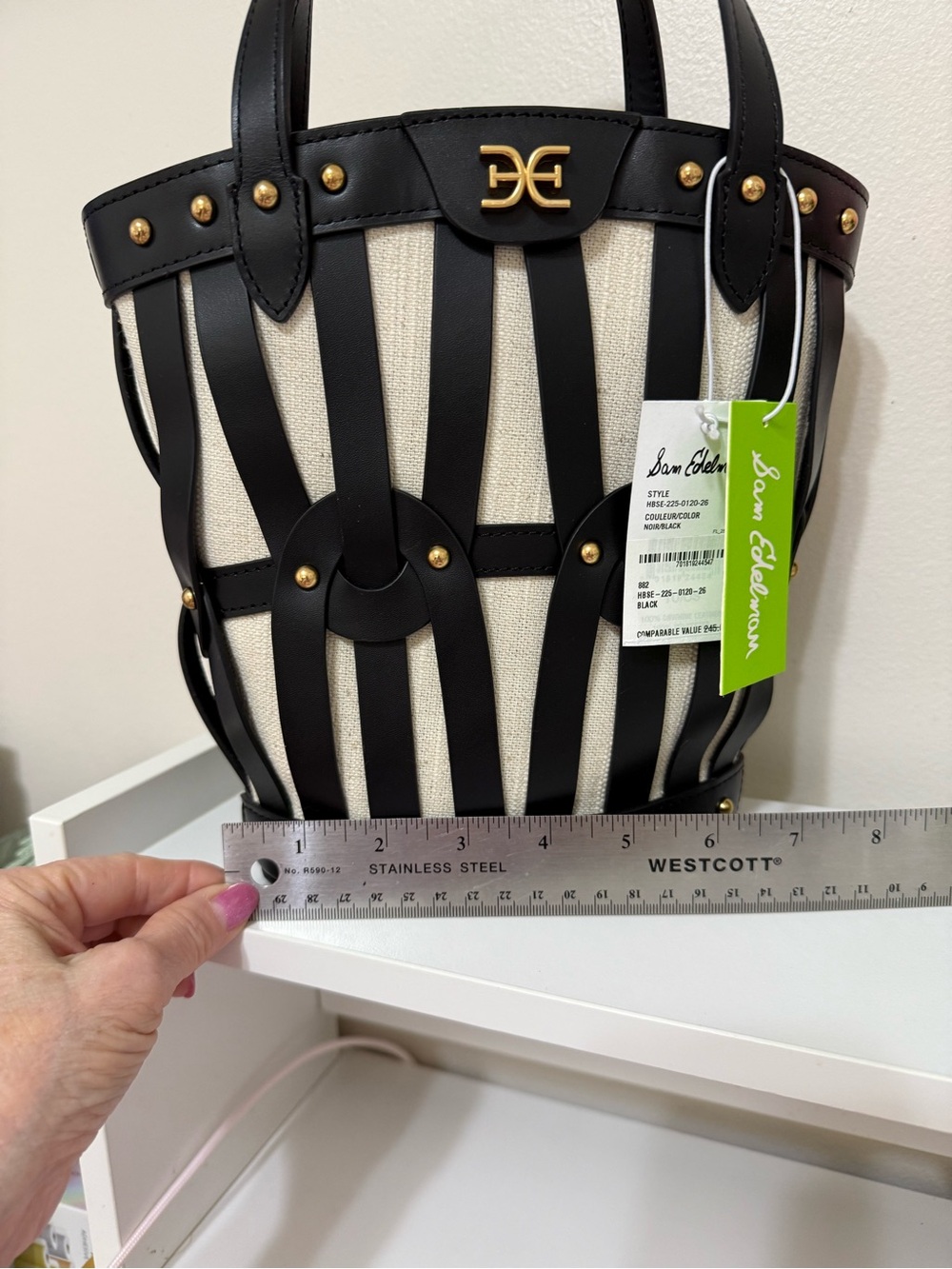 Sam Edelman Black and Cream Striped Leather-Trim Bucket Tote - Picture 9 of 12